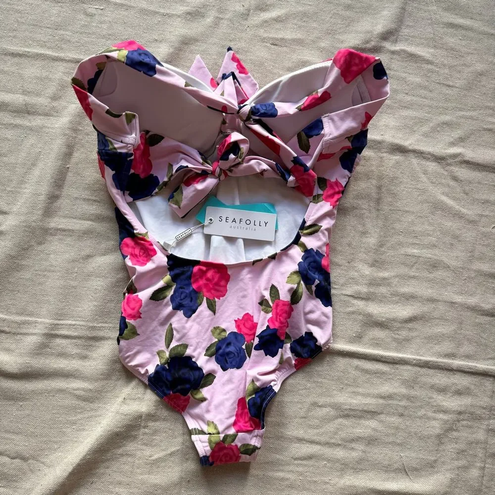 NWT Seafolly Australia Swimsuit Womens US 8 AU 12 Floral Ruched Halter One Piece